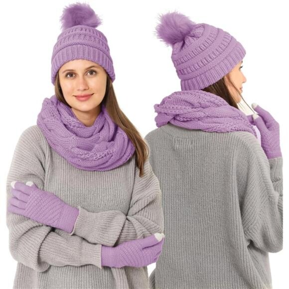 3pcs Women's Winter Beanie Hat Scarf and Touch Screen Gloves Set - Picture 5 of 5